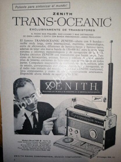 CARTEL ANTIGUO ORIGINAL DE MINI CARTEL. RADIO TRANS OCEANICO ZENITH 1950s /48