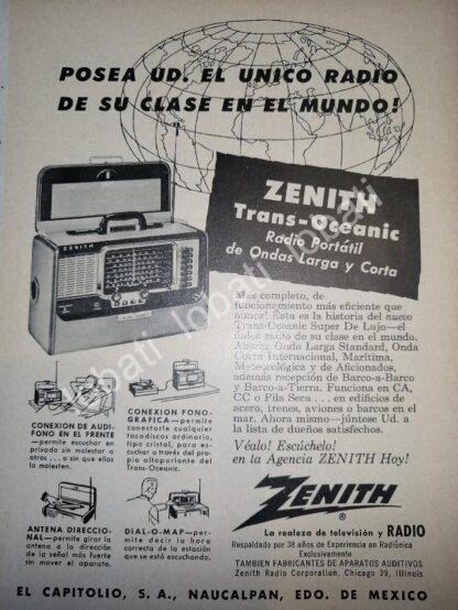 CARTEL ANTIGUO ORIGINAL DE MINI CARTEL. RADIO TRANS OCEANICO ZENITH 1940s /47