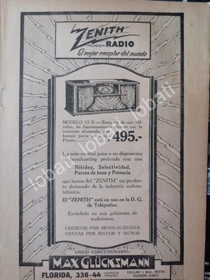 CARTEL ANTIGUO ORIGINAL DE RADIO ZENITH 33X 1920s / 125