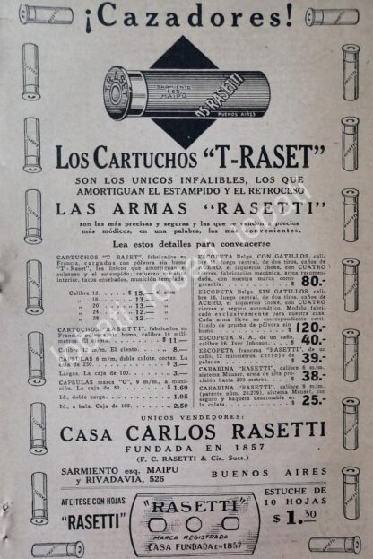 CARTEL ANTIGUO ORIGINAL DE ARMAS Y CARTUCHOS T-RASET 1927 /ARGENTINA 111