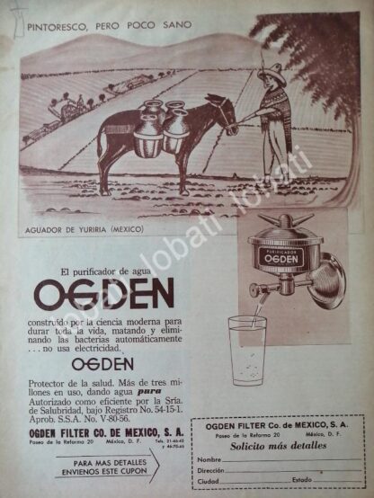 CARTEL ANTIGUO ORIGINAL DE PURIFICADORA DE AGUA OGDEN S.A 1959 /109 SUPER RARO