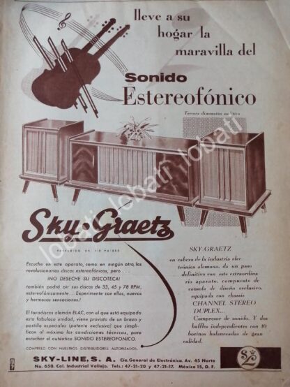 CARTEL ANTIGUO ORIGINAL DE RADIO CONSOLA SKY GRAETZ 1959 /107 /RARO