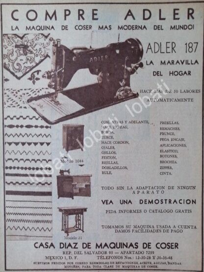 CARTEL ANTIGUO ORIGINAL DE MAQUINAS DE COSER ADLER 1953 /104, CASA DIAZ DE MAQUINAS