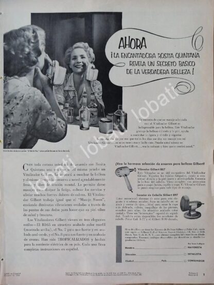 CARTEL ANTIGUO ORIGINAL DE ROSITA QUINTANA Y VIBRADOR FACIAL GILBERT 1953 /96 FEP