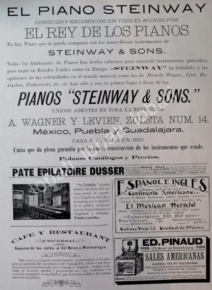 CARTEL ANTIGUO ORIGINAL DE PIANOS STEINWAY 1896 CASA WAGNER Y LEVIEN Y OTRAS /88