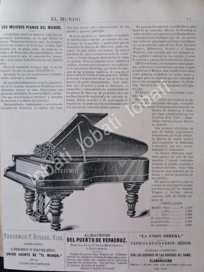 CARTEL ANTIGUO ORIGINAL DE PIANOS STEINWAY 1895 CASA WAGNER Y LEVIEN /87