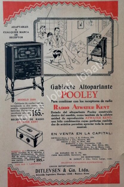 CARTEL ANTIGUO ORIGINAL DE RADIOS ATWATER KENT Y CONSOLAS POOLEY 1930s /73 / MUY RARO