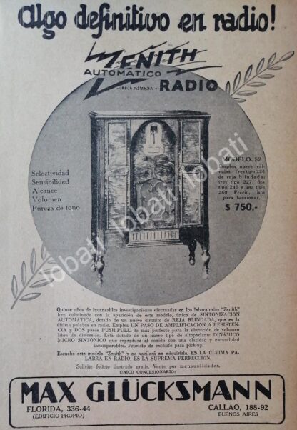 CARTEL ANTIGUO ORIGINAL DE RADIO ZENITH MOD. 52, 1927 ARGENTINA /62