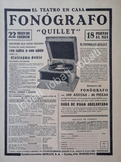 CARTEL ANTIGUO ORIGINAL DE FONOGRAFO QUILLET 1920s /55