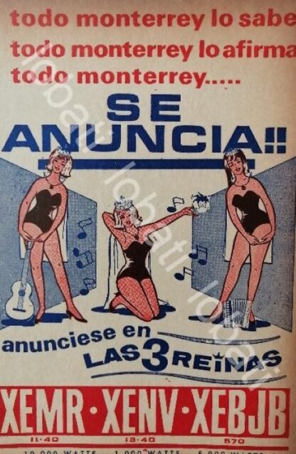 CARTEL ANTIGUO ORIGINAL DE RADIO DIFUSORA XEMR - XENV - XEBJB MONTERREY 1960s /36