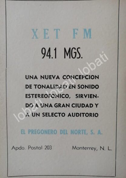 CARTEL ANTIGUO ORIGINAL DE RADIO DIFUSORA XETFM MONTERREY 1960s /35