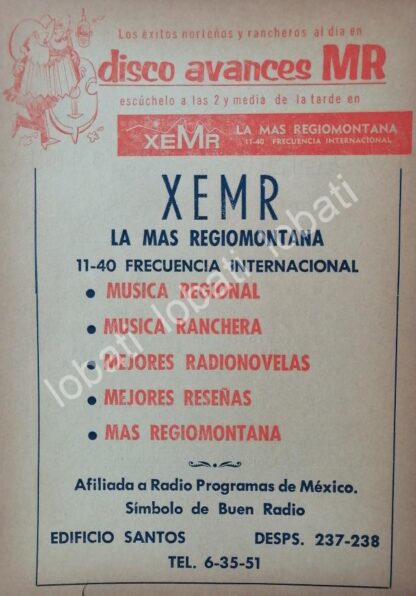 CARTEL ANTIGUO ORIGINAL DE RADIO DIFUSORA XENL RADIO RECUERDO MONTERREY 1950s /35