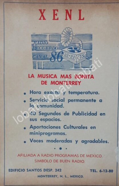 CARTEL ANTIGUO ORIGINAL DE RADIO DIFUSORA XENL RADIO RECUERDO MONTERREY 1950s /36