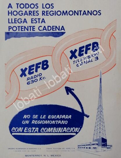 CARTEL ANTIGUO ORIGINAL DE TELEVISORA CANAL 3 MONTERREY XEFB TELEVICENTRO 1960a /28