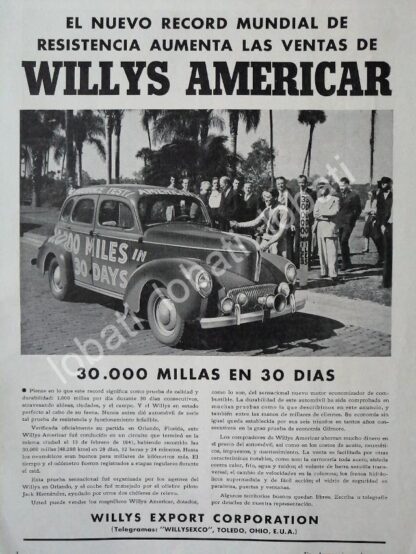 CARTEL ANTIGUO ORIGINAL DE AUTOS WILLYS AMERICAR 1941 ROMPE RECORD /263 SUPER RARO