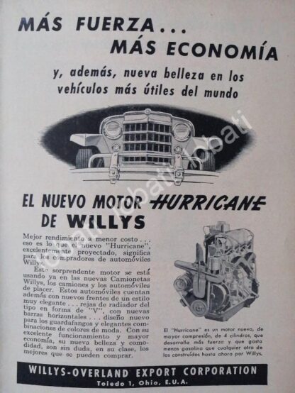 CARTEL ANTIGUO ORIGINAL DE MINI CARTEL AUTOS WILLYS MOTOR HURRICANE 1950s /256