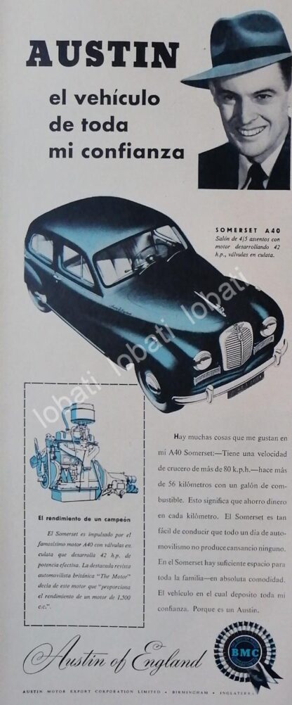 CARTEL ANTIGUO ORIGINAL DE AUTOS BMC AUSTIN SOMERSET A40 1953 /246 RARO