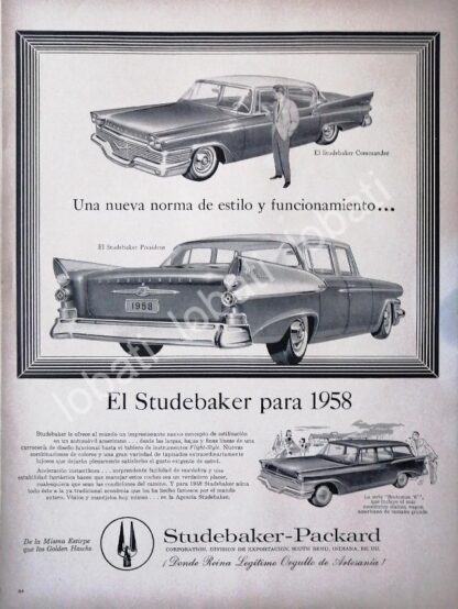 CARTEL ANTIGUO ORIGINAL DE AUTOS STUDEBAKER 1958 /239