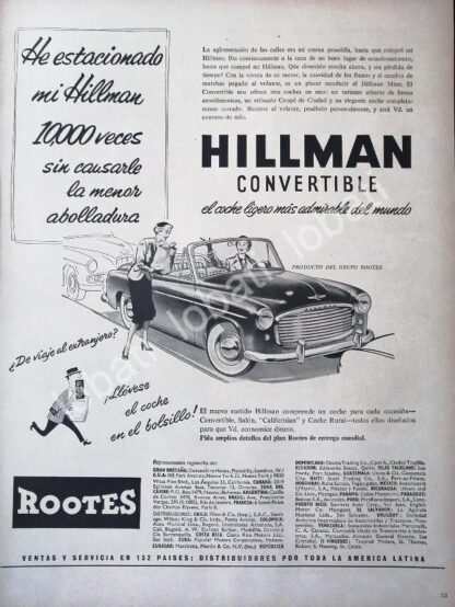 CARTEL ANTIGUO ORIGINAL DE AUTOS ROOTES HILLMAN CONVERTIBLE 1953 /219