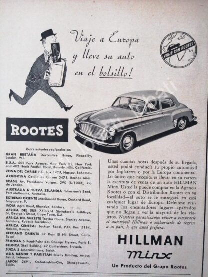 CARTEL ANTIGUO ORIGINAL DE MINI CARTEL AUTOS ROOTES HILLMAN MINX 1953 /216