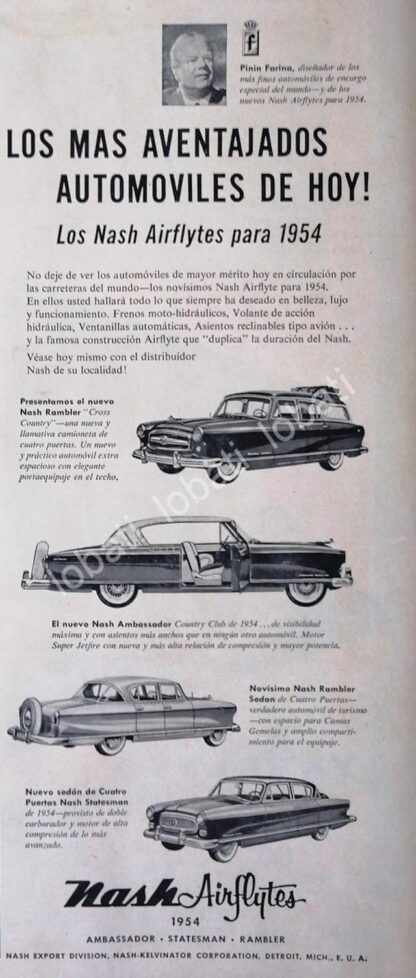 CARTEL ANTIGUO ORIGINAL DE GIOVANNI PININ FARINA PRESENTA AUTOS NASH SEDAN 1954 /199