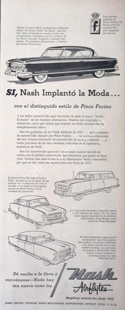 CARTEL ANTIGUO ORIGINAL DE AUTOS NASH VARIOS 1954 /195