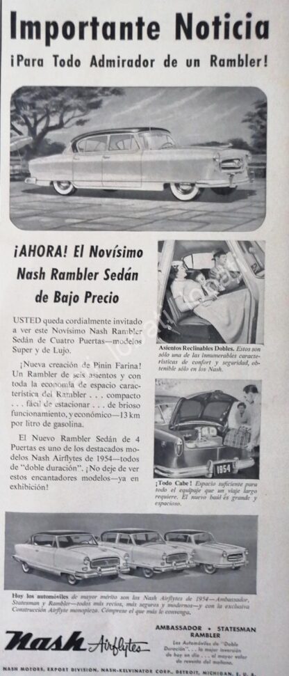 CARTEL ANTIGUO ORIGINAL DE AUTOS NASH AIRLYTE 1954 /194