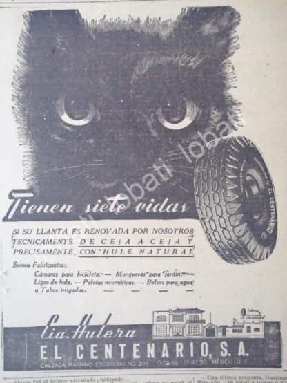 CARTEL ANTIGUO ORIGINAL DE LLANTAS DE CIA. HULERA EL CENTENARIO S.A 1947 /A44 MUY RARO