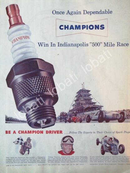 CARTEL ANTIGUO ORIGINAL DE BUJIAS CHAMPION Y EL PILOTO JOHNNY PARSONS 1950 /42 AF1