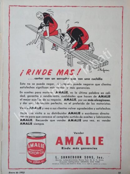 CARTEL ANTIGUO ORIGINAL DE LUBRICANTES AMALIE CON DIBUJO DE JESUS HELGUERA 1952 /29