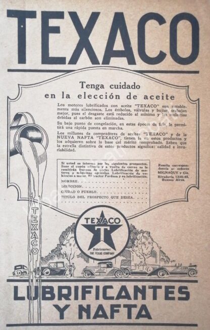 CARTEL ANTIGUO ORIGINAL DE ACEITES LUBRICANTES Y NAFTA TEXACO 1926 /16