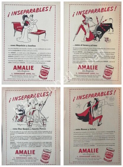 CARTEL ANTIGUO ORIGINAL DE SET DE 4 AFICHES, DIBUJOS DE JESUS HELGUERA , LUBRICANTES AMALIE 1952