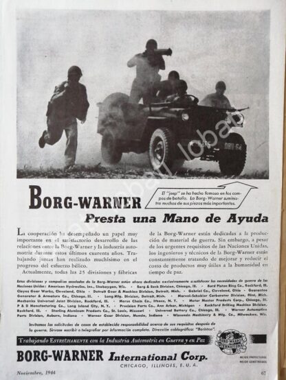 CARTEL ANTIGUO ORIGINAL DE AUTOPARTES BORG-WARNER Y GUERRA MUNDIAL 1944 /SGM