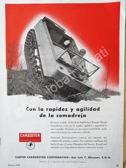 CARTEL ANTIGUO ORIGINAL DE BLINDADO MILITAR STUDEBAKER M29 1945 SUPER RARO /SGM