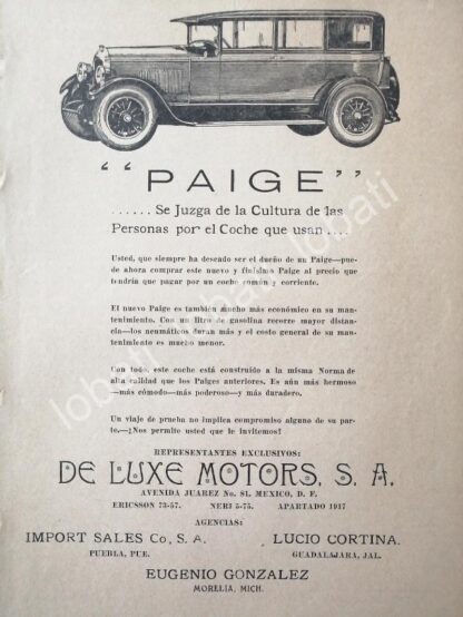 CARTEL ANTIGUO ORIGINAL DE AUTOS PAIGE 1926 /412 MUY RARO