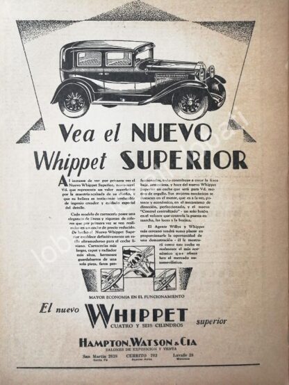 CARTEL ANTIGUO ORIGINAL DE AUTOS WHIPPET SUPERIOR 1930 /398 MUY RARO