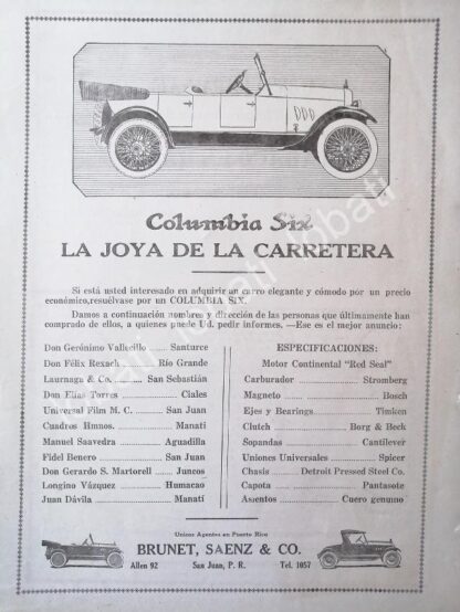 CARTEL ANTIGUO ORIGINAL DE AUTOS COLUMBIA SIX 1920 /386 MUY RARO