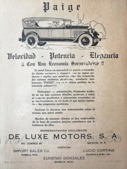 CARTEL ANTIGUO ORIGINAL DE AUTOS PAIGE 1926 DELUXE MOTORS /383 MUY RARO