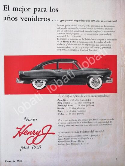 CARTEL ANTIGUO ORIGINAL DE AUTOS KAISER HENRY J. 1953 /375 MUY RARO