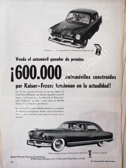 CARTEL ANTIGUO ORIGINAL DE AUTOS KAISER HENRY J. 1953 /374 MUY RARO