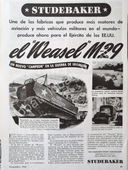 CARTEL ANTIGUO ORIGINAL DE TANQUE DE GUERRA WEASEL M29 1944 / SUPER RARO 10+ SGM