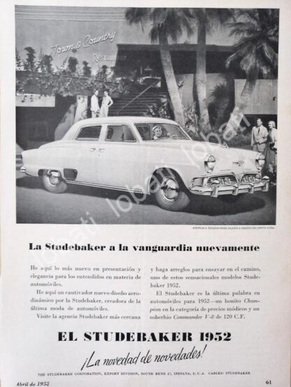 CARTEL ANTIGUO ORIGINAL DE AUTOS STUDEBAKER CHAMPION 1952 /348