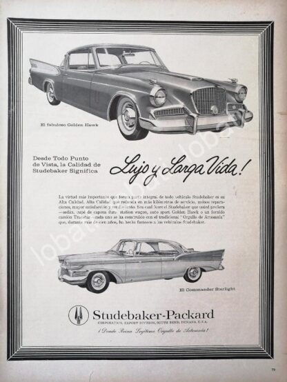 CARTEL ANTIGUO ORIGINAL DE AUTOS STUDEBAKER GOLDEN HAWK & COMMANDER 1960s /335