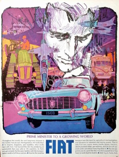 CARTEL ANTIGUO ORIGINAL DE AUTOS FIAT 1500 1964 DIBUJO DE BOB PEAK /334 RARO