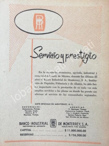 CARTEL ANTIGUO ORIGINAL DE BANCO INDUSTRIAL MONTERREY 1950s /259