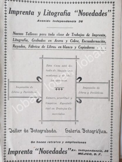 CARTEL ANTIGUO ORIGINAL DE IMPRENTA Y LITOGRAFIA NOVEDADES 1909 ( PERIODICO NOVEDADES ) /251