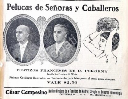 CARTEL ANTIGUO ORIGINAL DE PELUCAS Y POSTIZOS R. POKORNY 1912 /243, MUY RARO