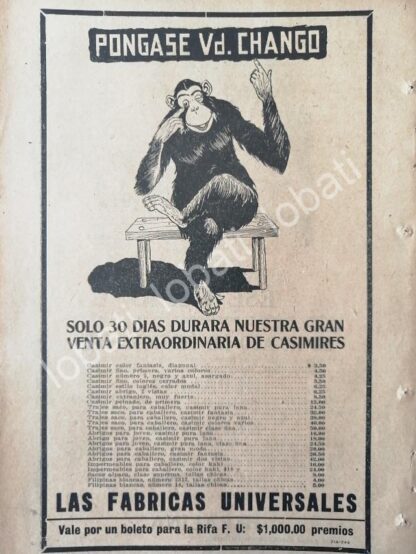 CARTEL ANTIGUO ORIGINAL DE TIENDAS LAS FABRICAS UNIVERSALES, 1920 /224