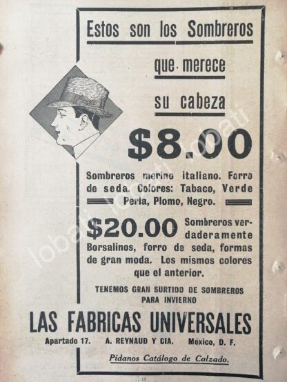 CARTEL ANTIGUO ORIGINAL DE TIENDAS LA FABRICAS UNIVERSALES, SOMBREROS 1920 /221