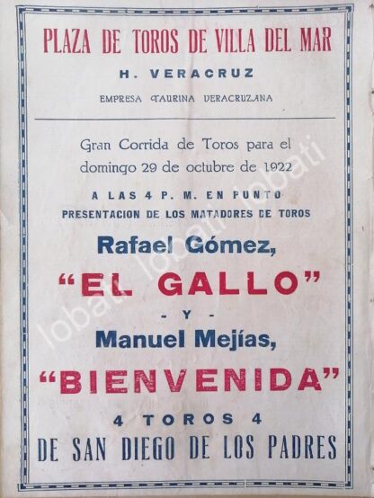 CARTEL ANTIGUO ORIGINAL DE PLAZA DE TOROS VILLA DEL MAR , VERACRUZ, 1922 /55 / MUY RARO